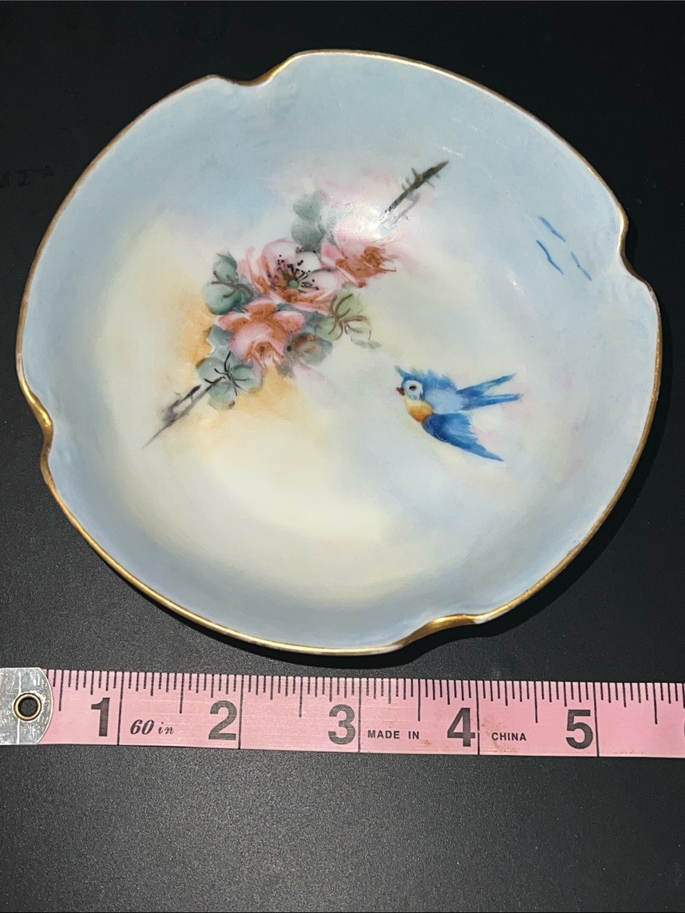Vintage Hand Painted Bluebird Lusterware Dish Berry Bowl Scalloped Gold Trim